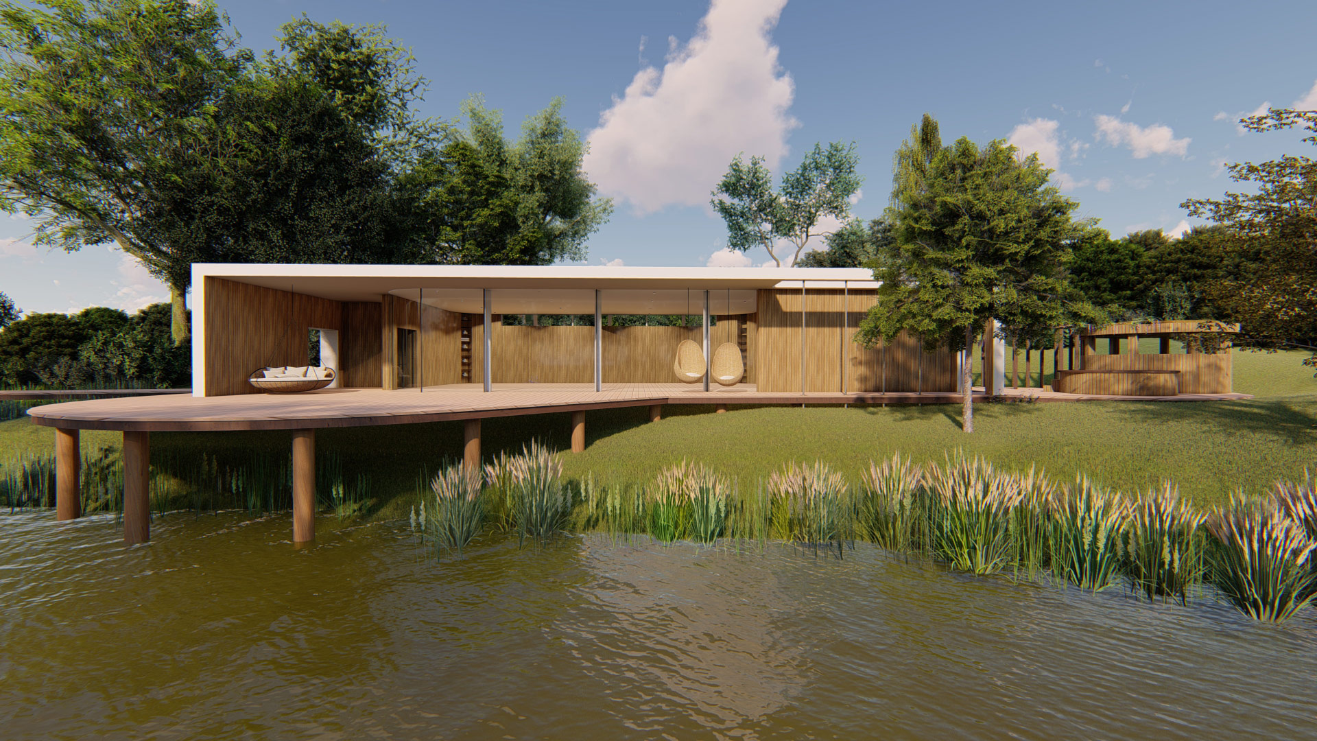 front view visual of yoga studio surrounded by trees with pond in front