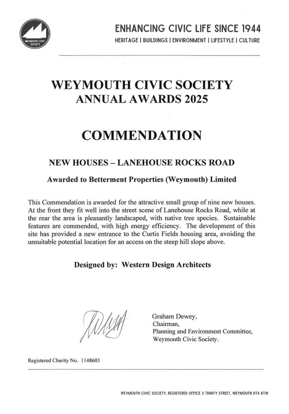 Weymouth Civic Society Commendation certificate