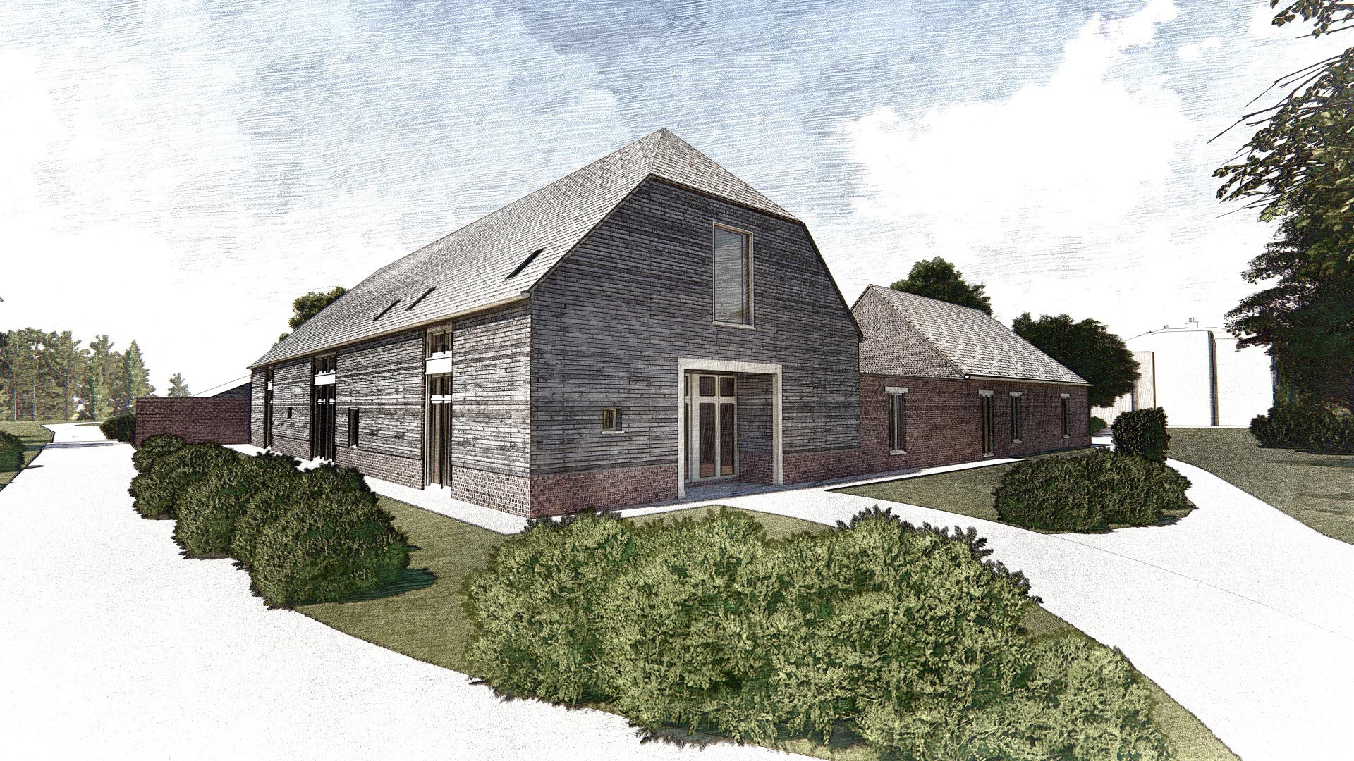 side and rear view visual of barn conversion into resort and spa