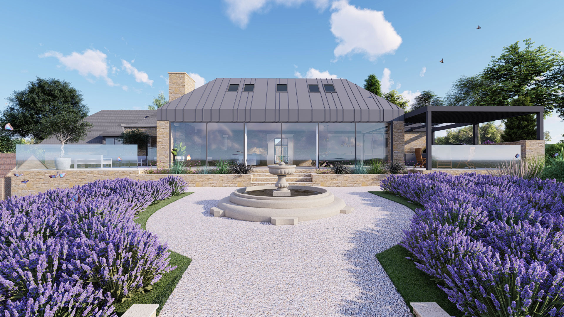 front view visual for extension on house with zinc roof and front garden with lavender and feature fountain