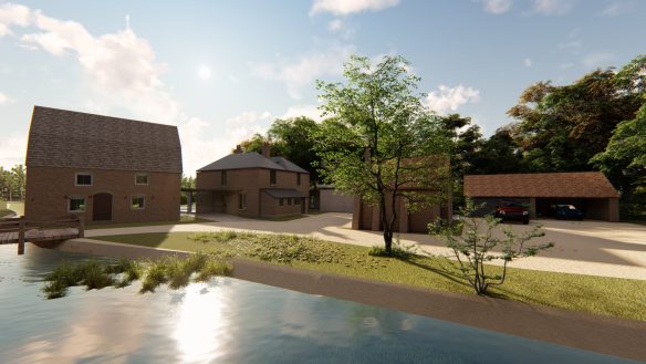 rear view visual of red brick house, outbuildings and car port with pond in front