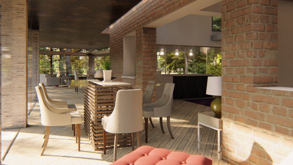 internal visual of modern kitchen and living area with exposed red bricks