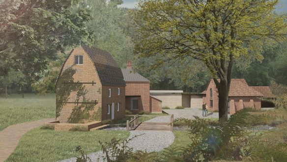 front view visual of red brick house and outbuildings surrounded by trees