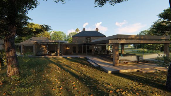 visual of side of house with large living area extension surrounded by glass windows at dusk