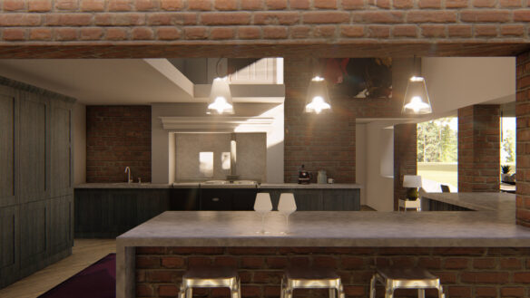 interior visual of modern kitchen with exposed red bricks