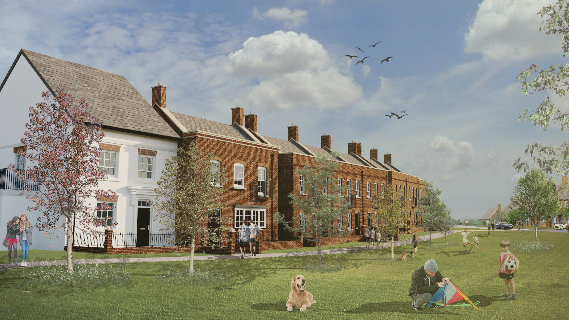 visual of new attractive brick houses with green space in front