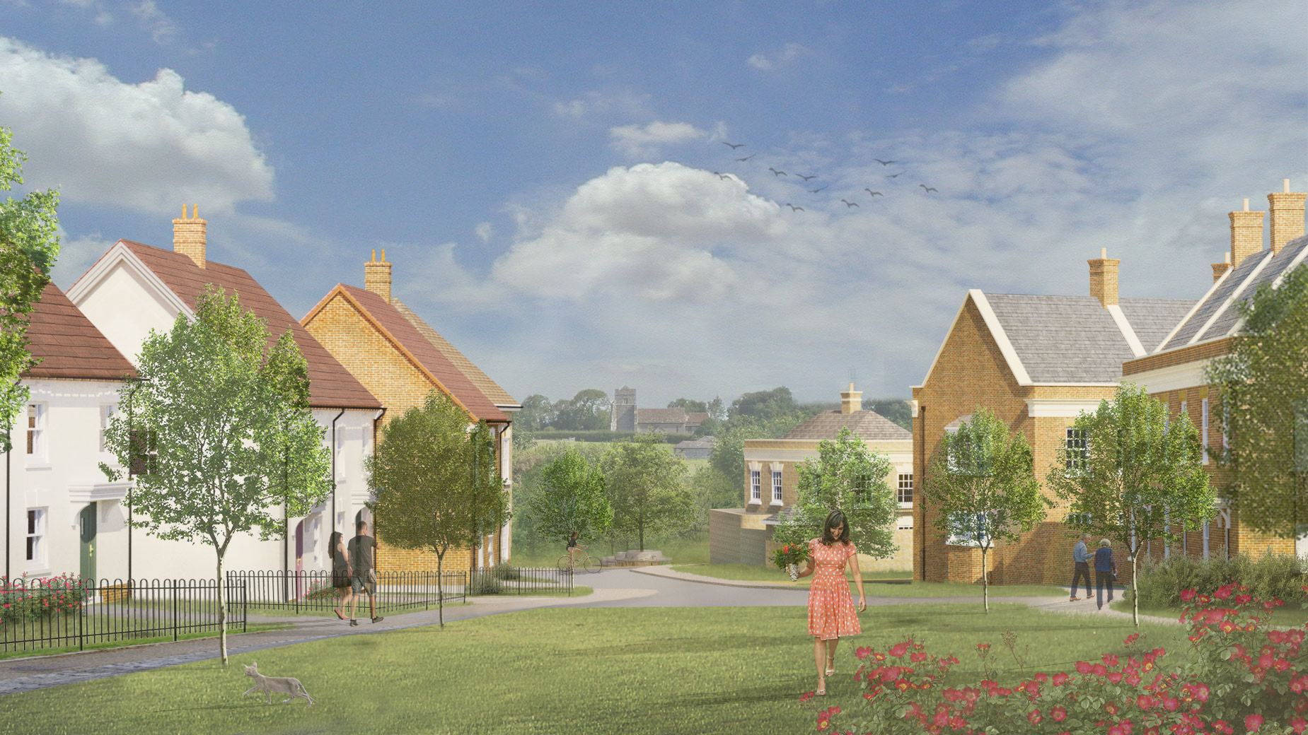 visual of new houses from street view with church in the distance
