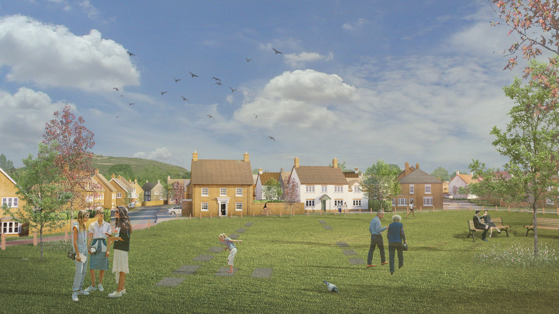 visual of green park area with new houses behind