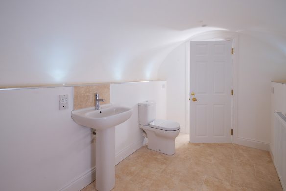 basement bathroom in white colour scheme with sink and toilet and curved roof