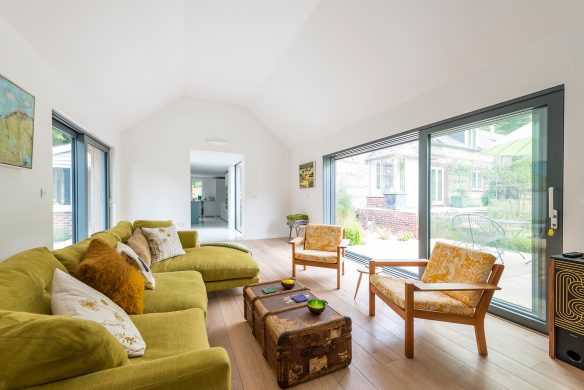 interior living space with large sliding glass doors leading to garden