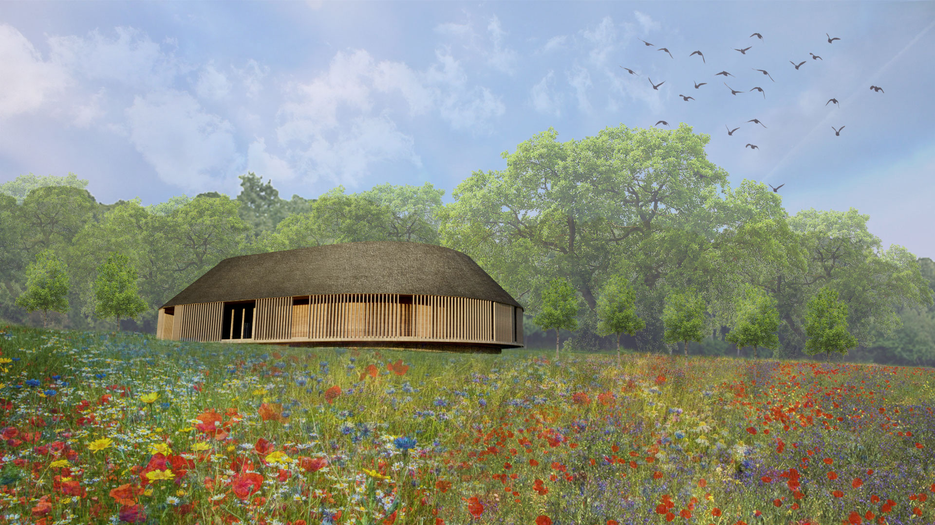 visual of visitors centre with thatched roof surrounded by a wild flower meadow