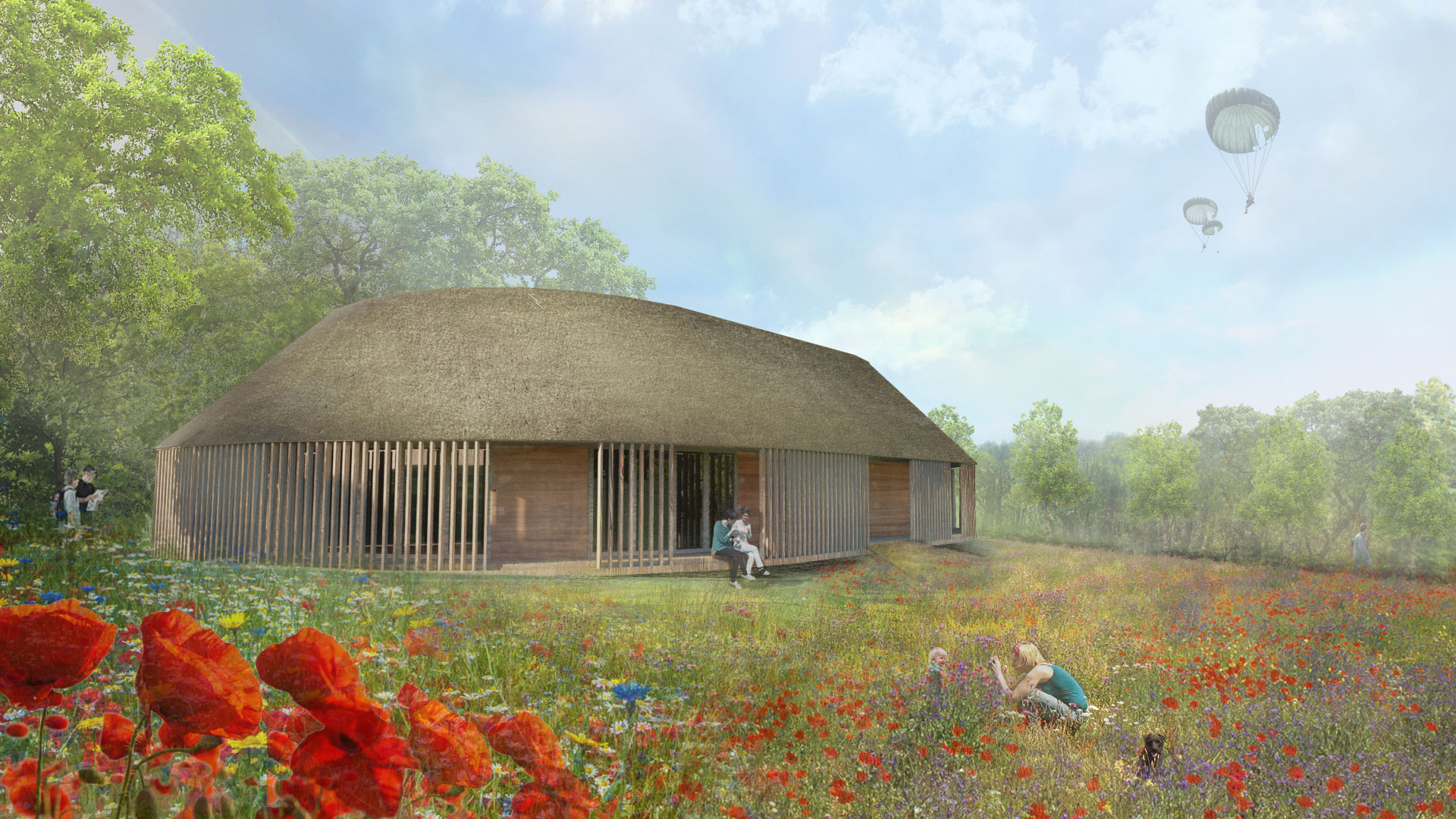 visual for new visitors centre with thatched roof and curved walls surrounded by wildflowers