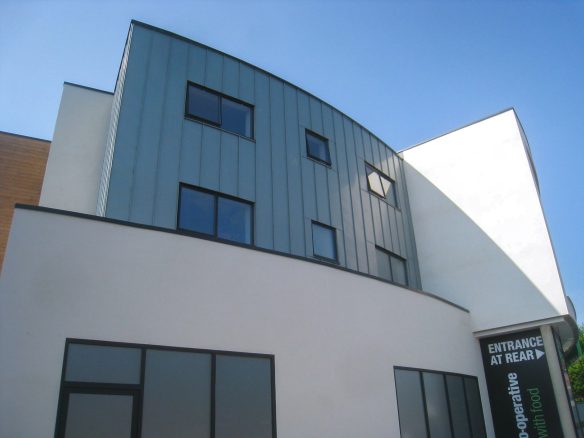 retail shop with large curved façade rear view