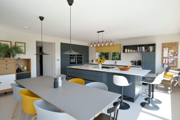open plan modern kitchen living area with large kitchen island