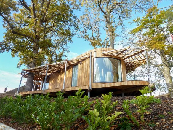 timber cladded house in pod style surrounded by trees