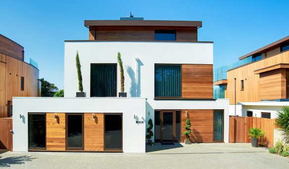 front elevation of contemporary house with timber cladding