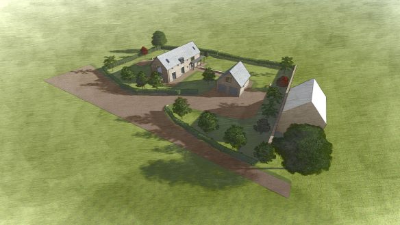 CGI visual aerial of contemporary house and garage