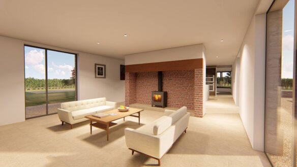 Visual of living space with feature log burner