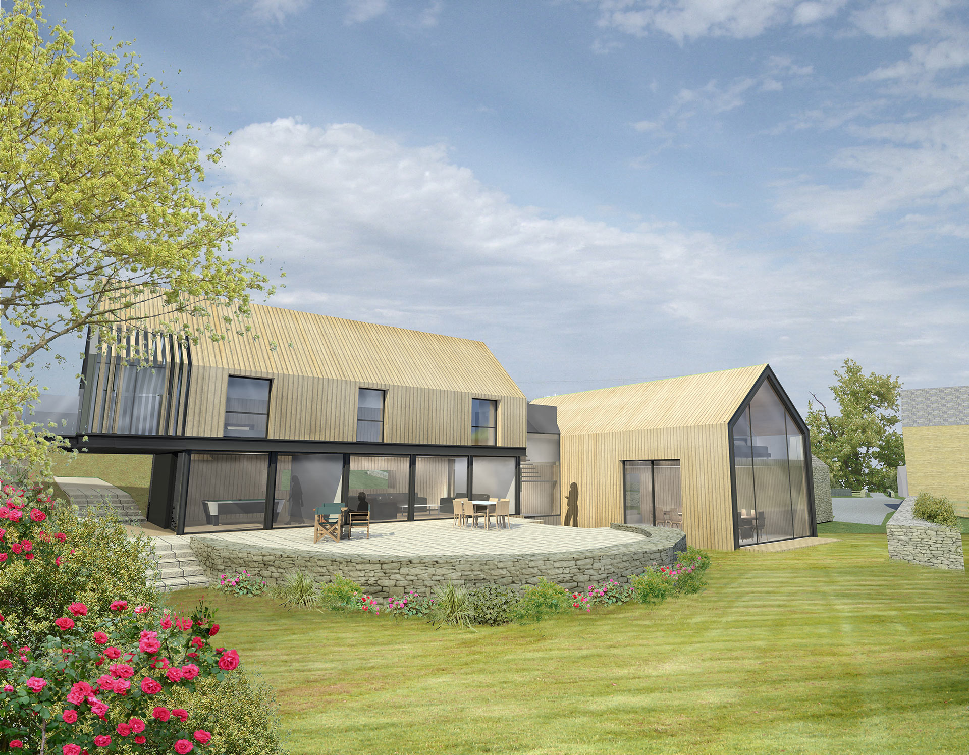 3d visual concept of contemporary house with timber cladding