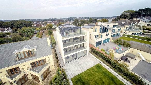 aerial view of modern house from the rear