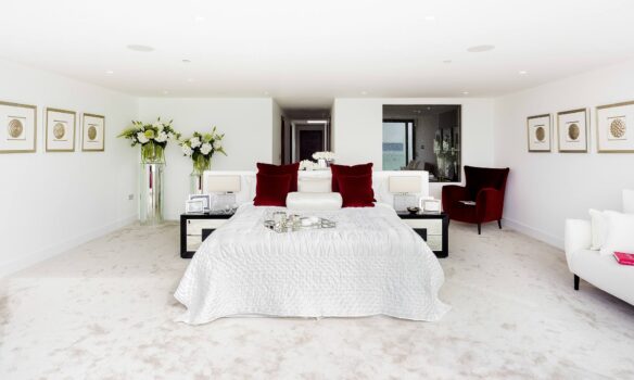 interior large bedroom with white and red colours