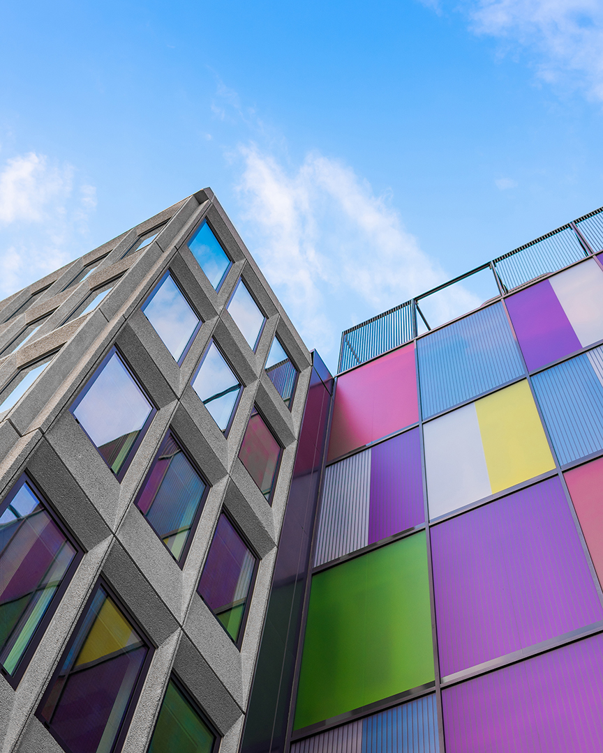 coloured wall panels on outside of office block