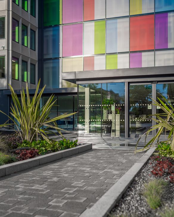 entrance to contemporary colourful office building