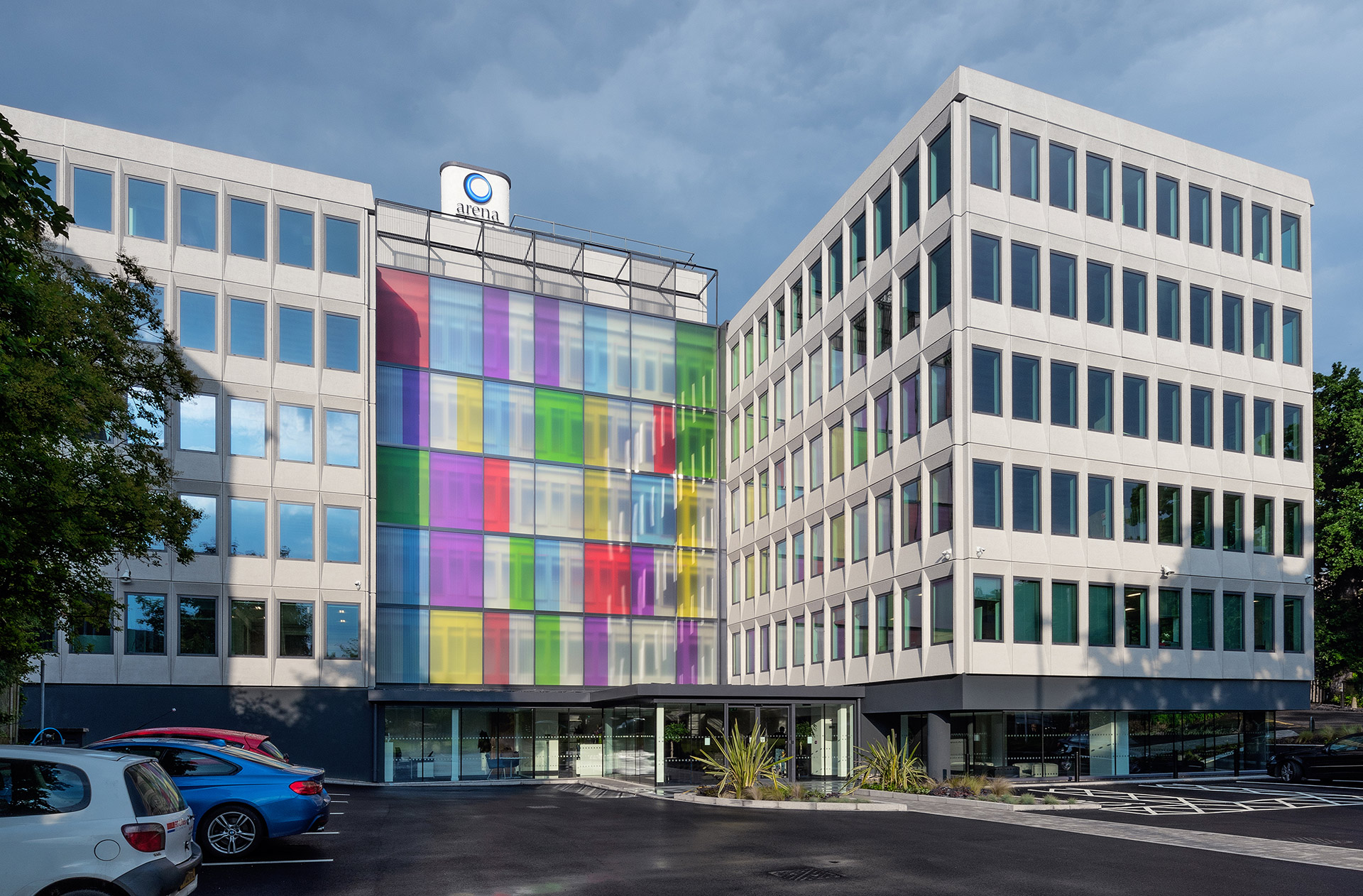 front view of colourful vibrant large office building