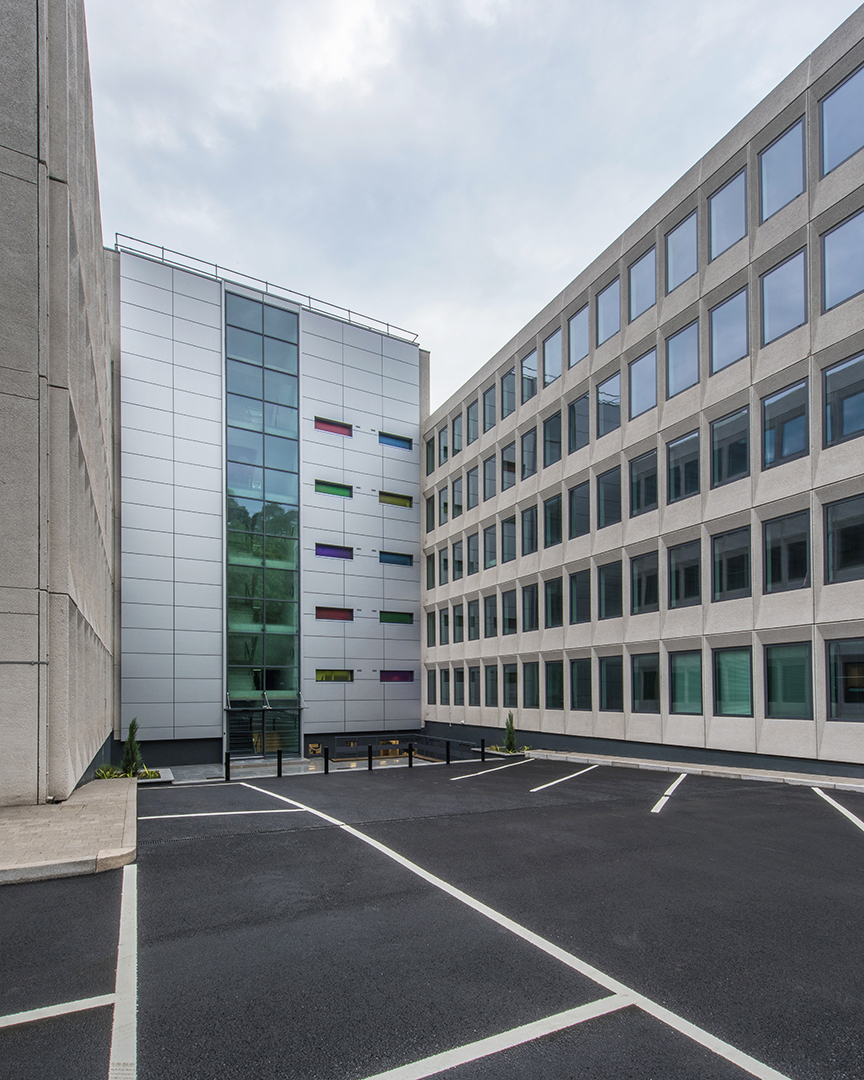 rear view of office building with colourful feature windows