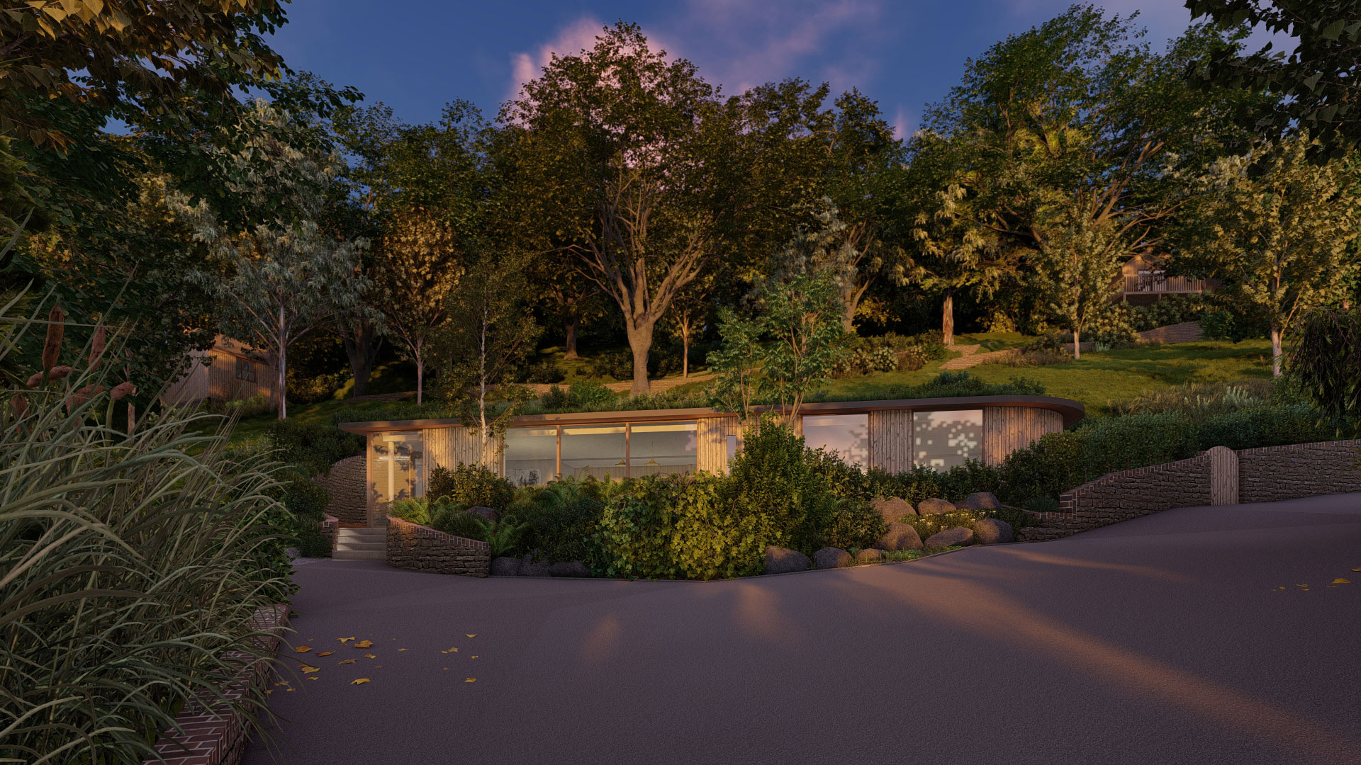 visual of front of house built into landscape at dusk