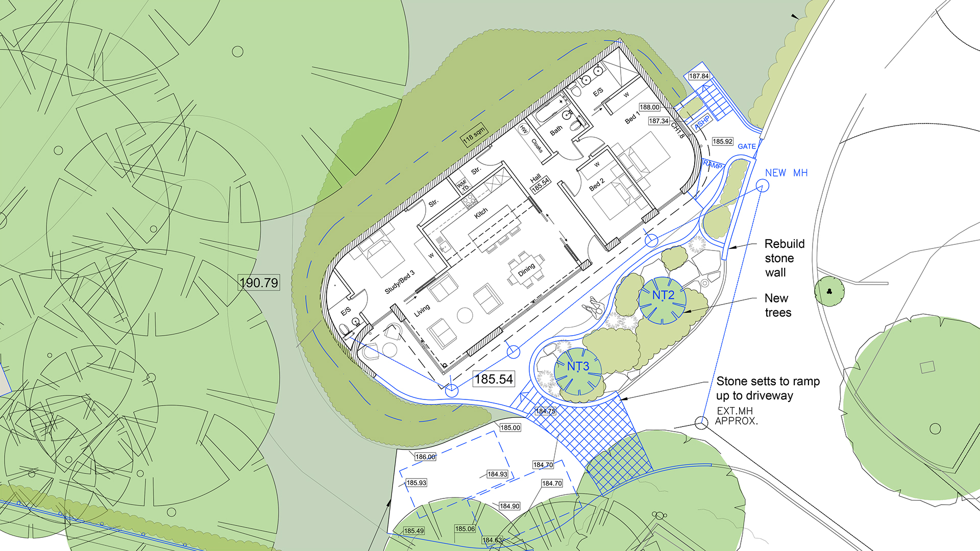 floor plan of house built into landscape surrounded by trees