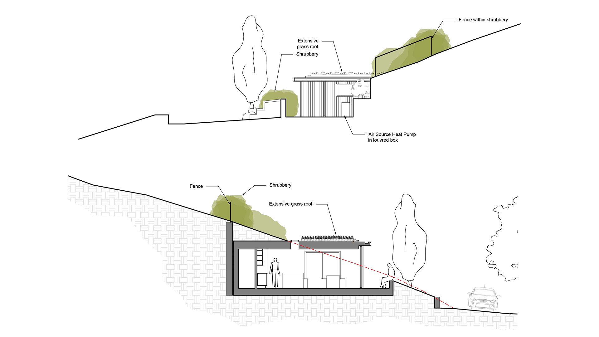 sections of house built into landscape