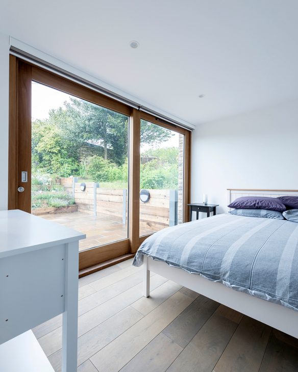 contemporary bedroom with sliding glass doors