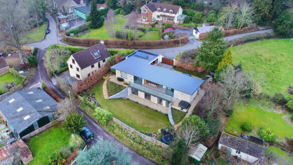 aerial photo of contemporary house with flat sloping roof