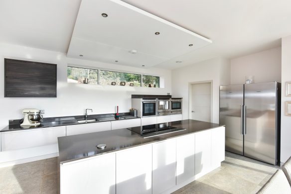 modern minimalistic kitchen in white and grey tones with kitchen island