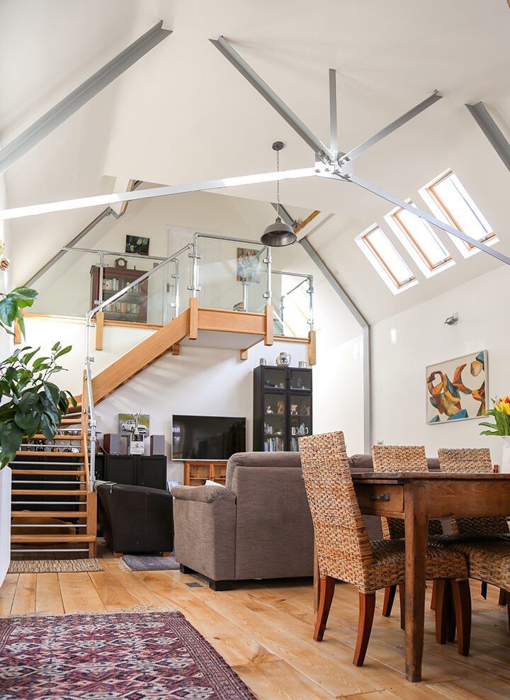 finished barn conversion with double height living space and exposed beams