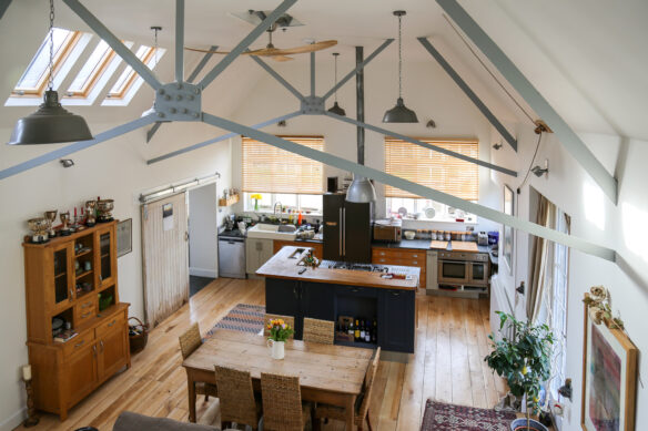 after aerial photo of open plan kitchen and living area in country style