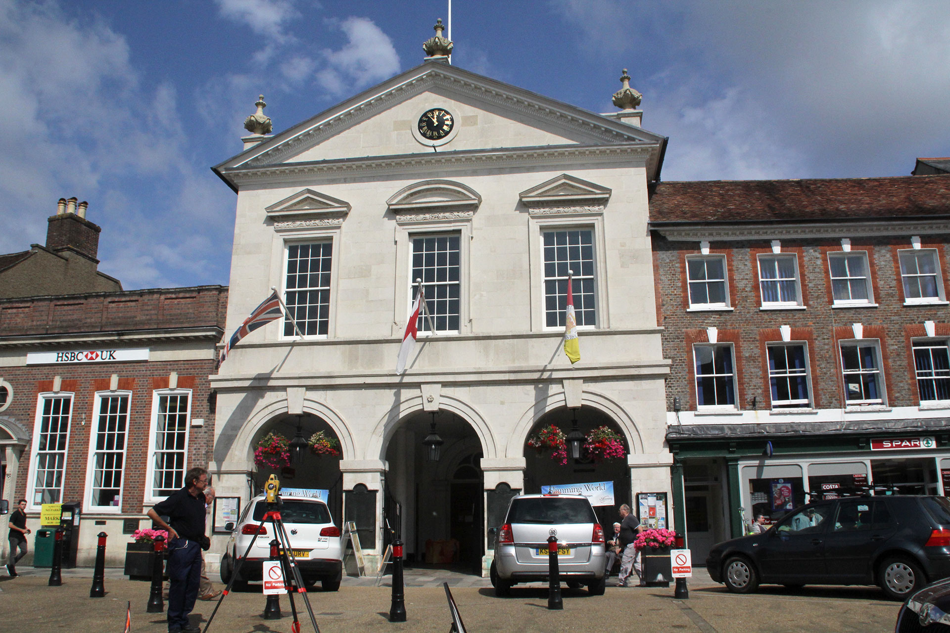 exterior front view of corn exchange building with arches