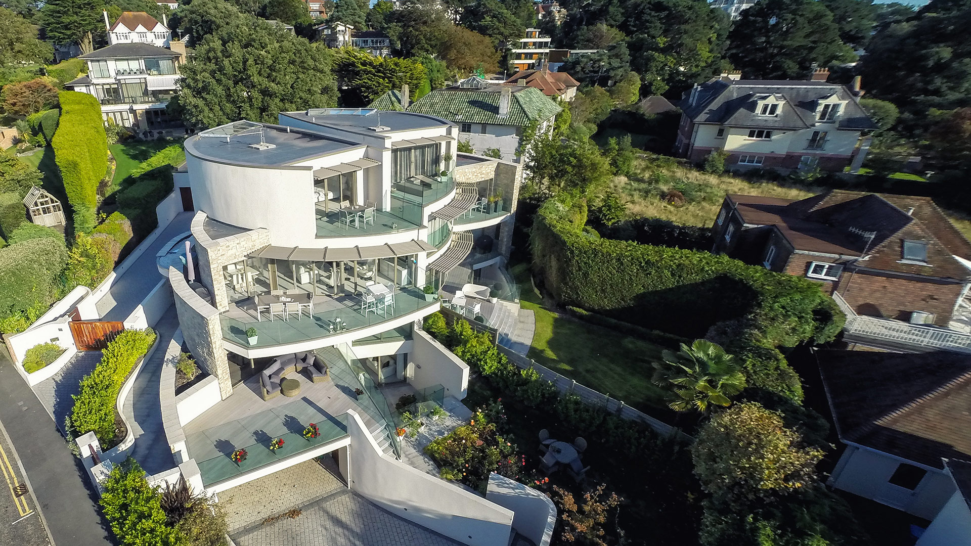 aerial view of contemporary apartments with curved walls