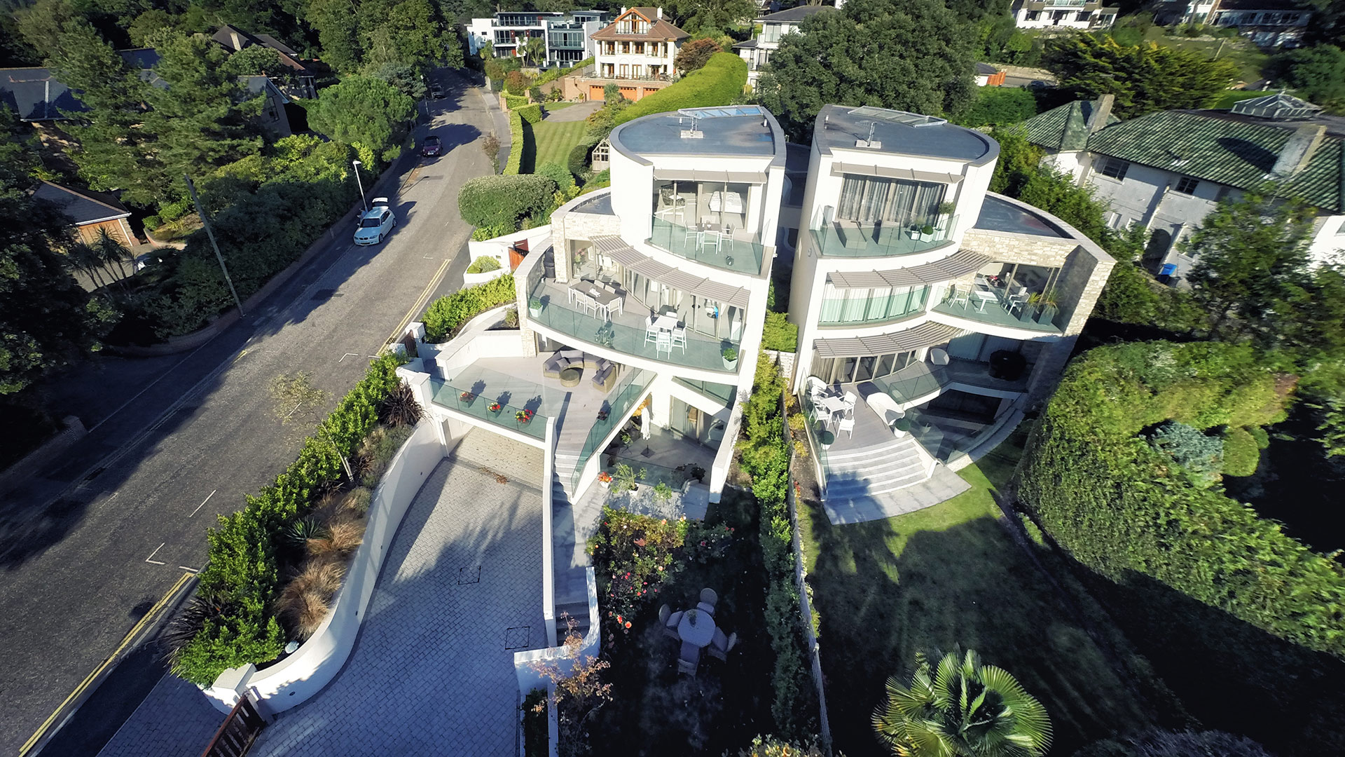 aerial view of contemporary apartments with curved walls