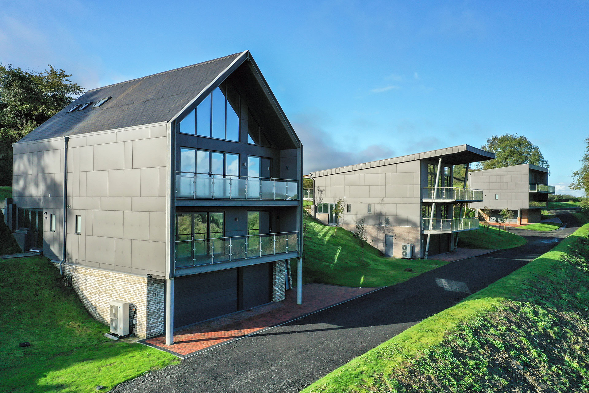 front view of new houses build in different styles