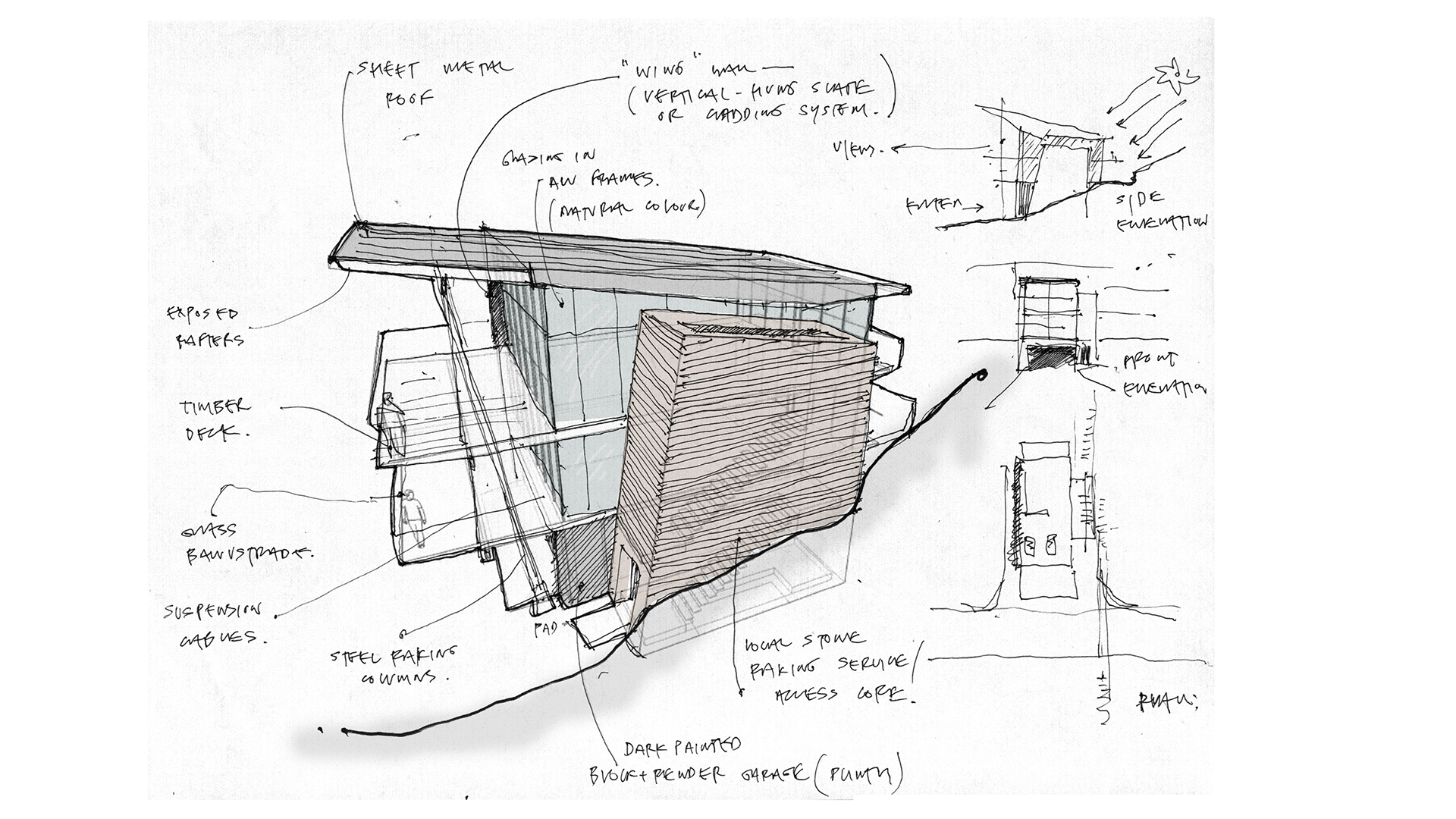 sketch of side view of house with sloping metal roof and balconies