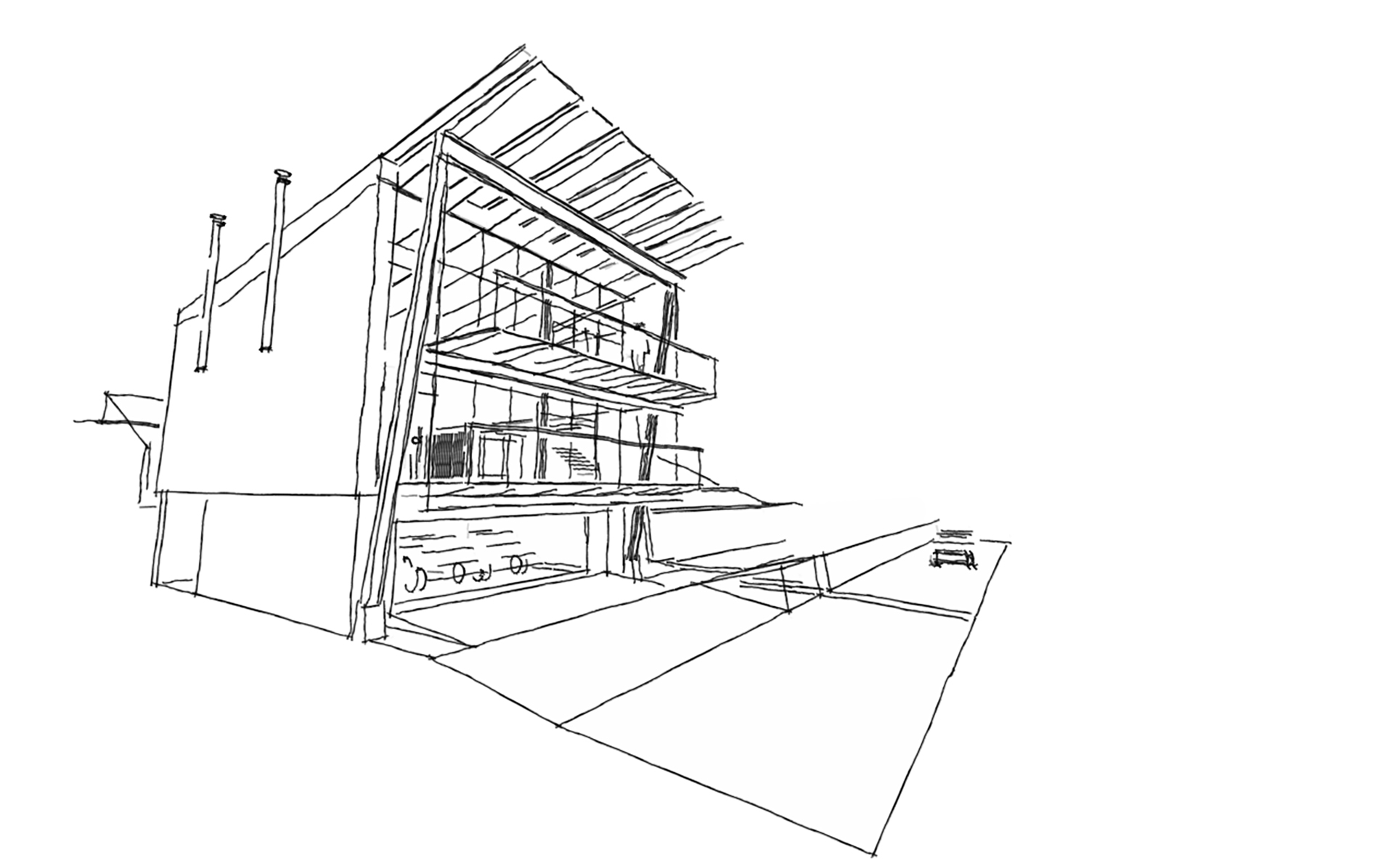 wireframe sketch of house with sloping roof