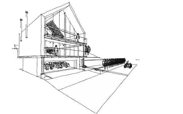 wireframe sketch of house with garage on first floor