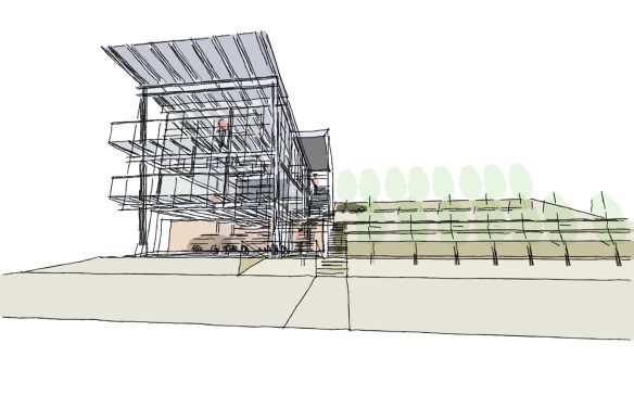 wireframe sketch in colour of new house with sloping roof