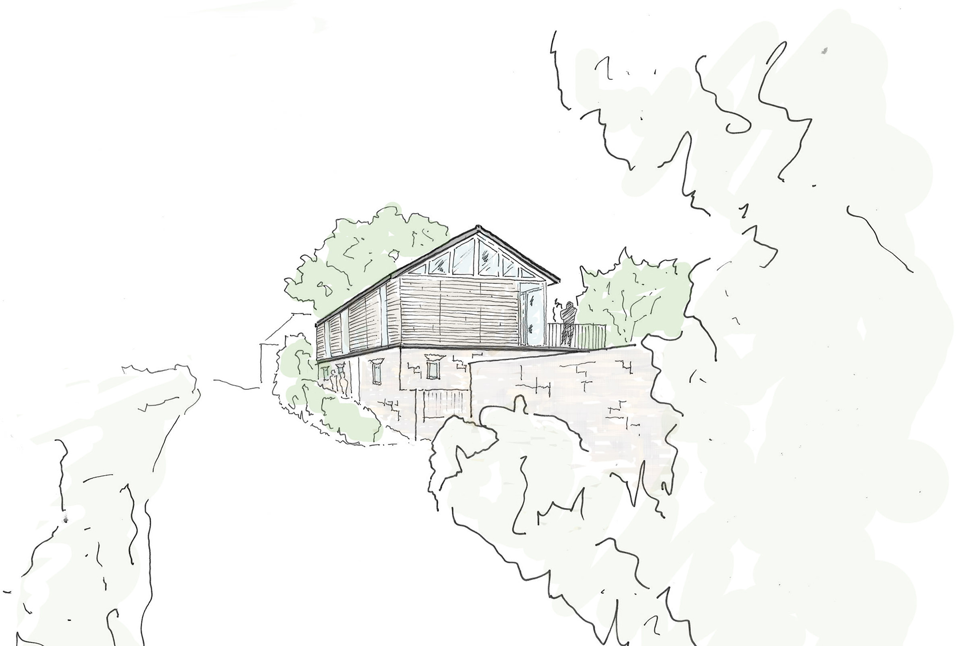 sketch scheme of approach view to modern house with timber clad