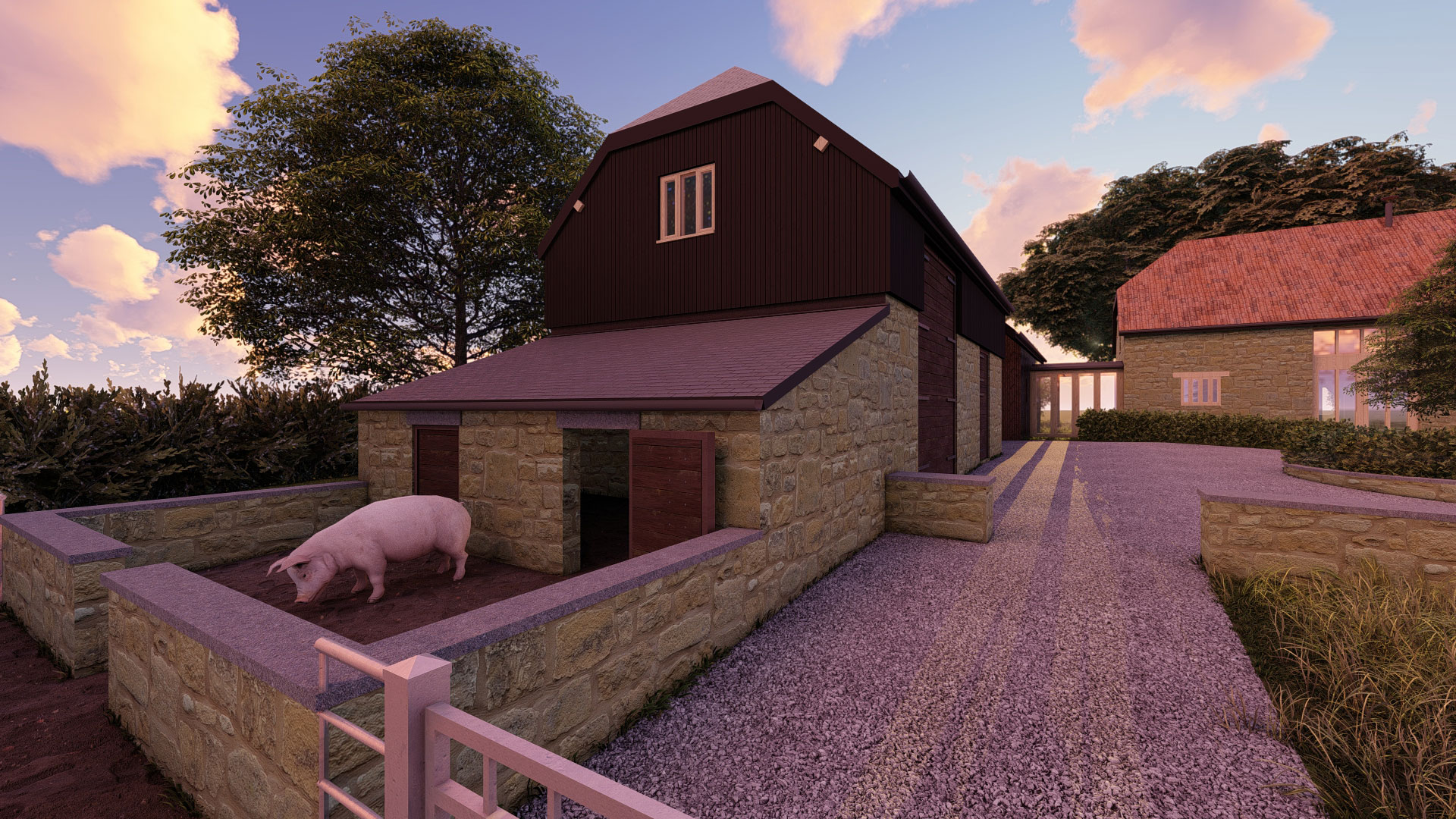 class q conversion visual of house with pig sty attached at sunset