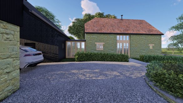 visual of stone house with glass link to barn conversion