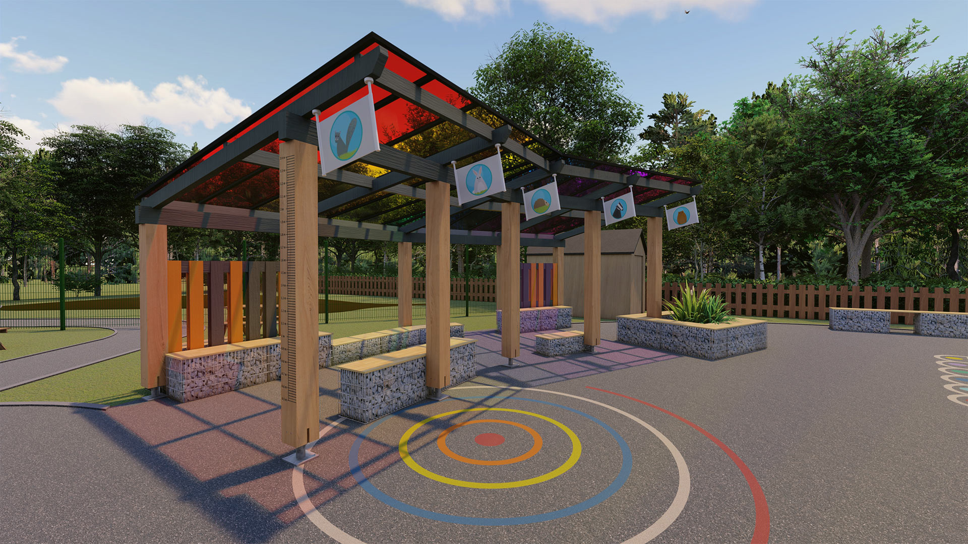visual for school playground with colourful shelter front view