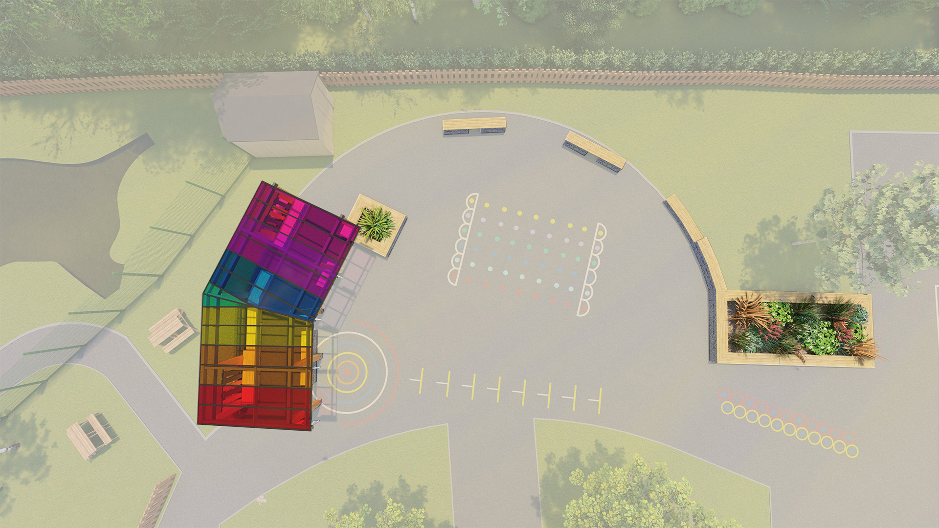 visual fade plan for school playground with colourful shelter
